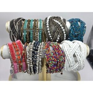 Lot of 10 Seed Bead Bracelets Cuffs Coil Layered Memory Wire Boho Coil Colored